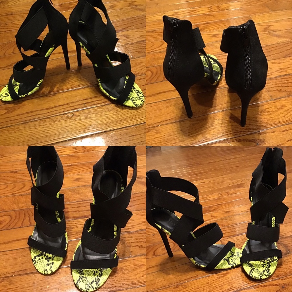 Black & Neon Green Snakeskin Strapped Heels